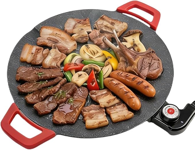 Non-Stick Electric Indoor Grill Pan, 2026 Upgraded Indoor Grills Electric Smokeless, Large Round Electric Griddle, Portable Electric KoreanBbq Grills, for Steaks, Pancakes, BBQ (12 inch)