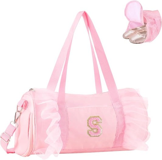 Personalized Initial Dance Bag for Girls 4-6, Small Lace Gym Sport Yoga Cheer Dance Bags Gift for Teen Girls, Cute Letter Kids Ballet Bag Toddler Travel Duffel Tote with Adjustable Straps(Pink-S)