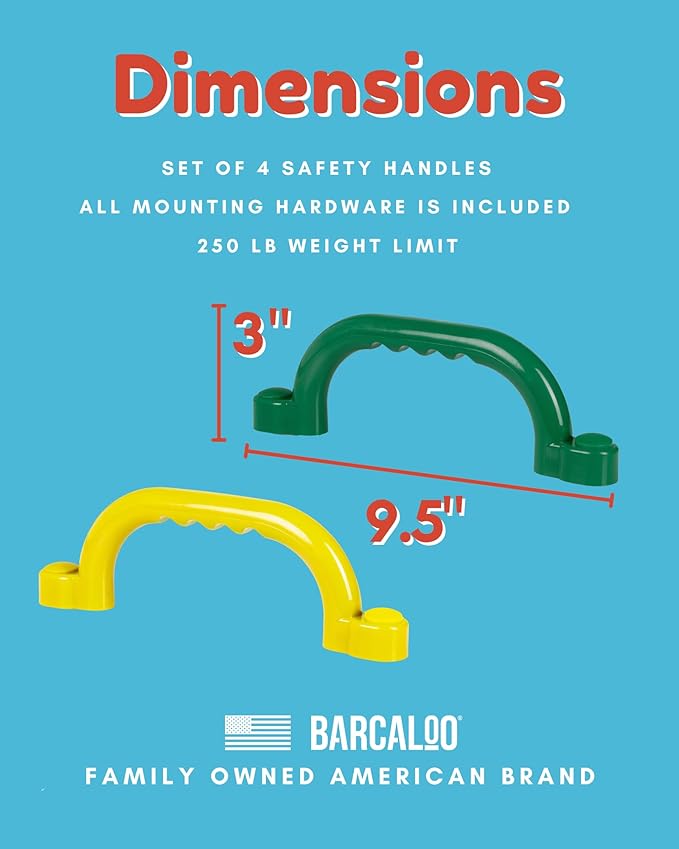 Playground Outdoor Safety Handle Accessories 4 Pack Color Combo Set – Set of 2 Green & 2 Yellow Grab Handle Safety Bars Equipment for Kids Jungle Gym, Tree House, Monkey Bars, and More