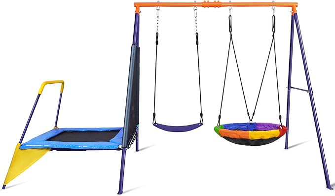 Lunafun Swing Sets for Backyard with Trampoline 440lbs with Heavy-Duty Metal A-Frame Outdoor Swing Set with 1 Saucer Swing Seat 1 Swings Seat & 1 Trampoline