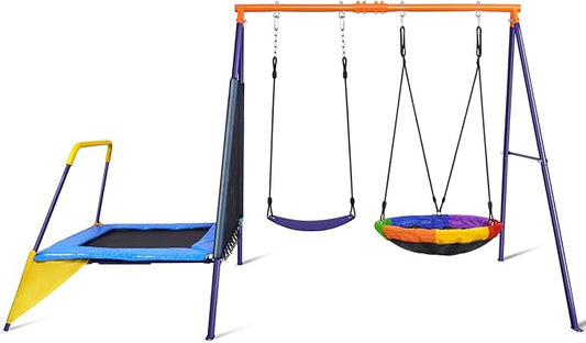 Lunafun Swing Sets for Backyard with Trampoline 440lbs with Heavy-Duty Metal A-Frame Outdoor Swing Set with 1 Saucer Swing Seat 1 Swings Seat & 1 Trampoline