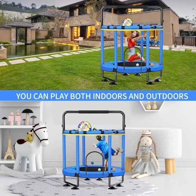 Trampoline for Kids, Upgrade Full Anti-Rust 440lbs Indoor Outdoor Toddler Trampoline with Net, 55" Adjustable Baby Toddler Trampolines Accessories Dart Board
