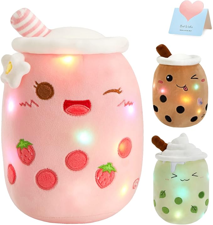 Athoinsu Light Up Strawberry Boba Tea Soft Plush Pillow 10'' Kawaii Milky Tea Stuffed Bubble Animal Toy with LED Lights Birthday Christmas Holiday Valentines Gifts for Kids,Girls,Boys