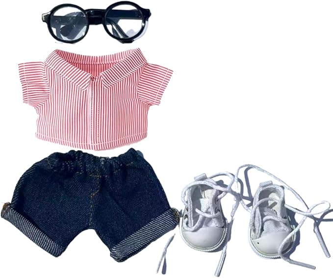 5 Set 17cm Doll Clothes -Clothes for Dolls Outfit - Accessories for 17cm Dolls Clothes +Light Pink Heart-Shaped Velvet hat + Small Camera + Glasses + Canvas Shoes, No Doll Included (Style Z)