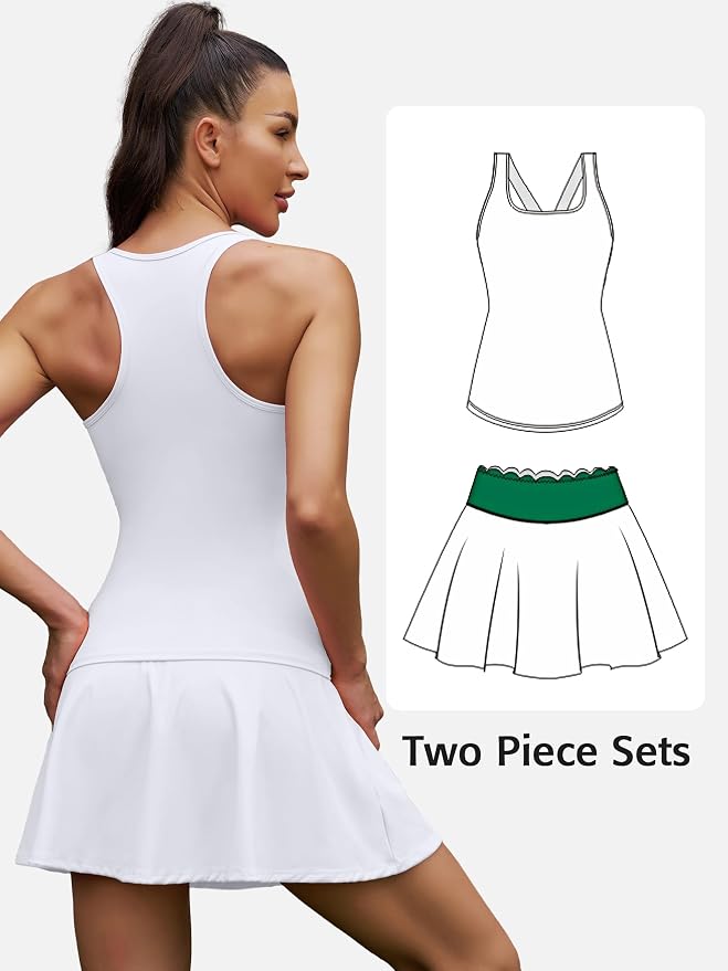 ATTRACO Tennis Outfits for Women Racerback Golf Dress Workout Dress | Athletic Skirt Set, Built-in Shorts, 2 Pockets, Scalloped, Racerback, High Waisted, Pickleball, Workout Set