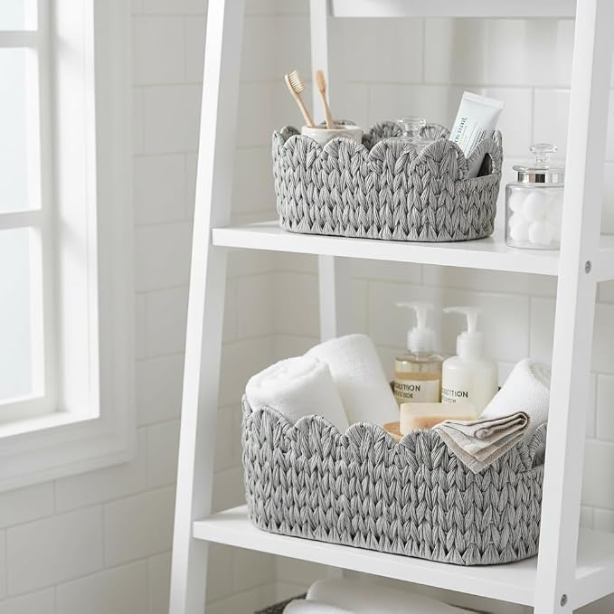 Coeusy Wicker Scalloped Basket Set of 2,Woven Storage Baskets for Shelves,Closet,Laundry,Gift,Towels,Books,Toys,Waterproof Cute Decor Basket for Organizing,Grey