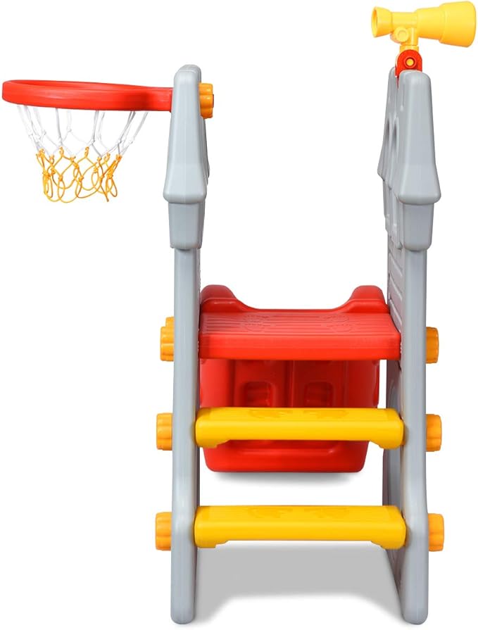 HONEY JOY Kids Slide with Basketball Hoop, 4-in-1 Toddler Freestanding Slide, Telescope, Hide and Seek Crawling Space & Climbing Stairs, Children Playground Toys Set for Indoor and Outdoor Games