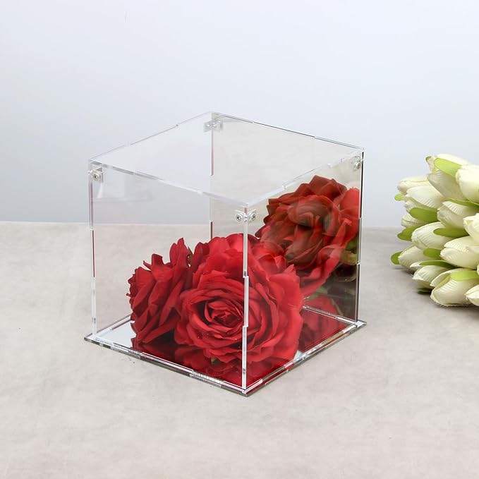 Self-Assemble Acrylic Display Case with Mirrored Back, Clear Action Figure Storage Display Box with Mirrored Base Stand, Cube Storage Containers for Home Office Collectibles, 6x6x6Inch