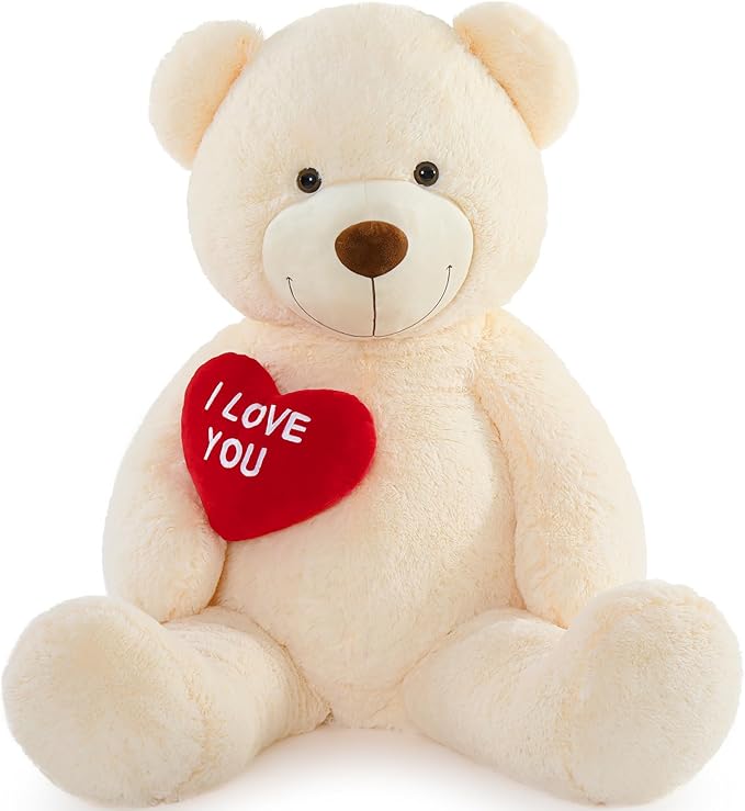 Big Teddy Bears, Giant White Teddy Bear Stuffed Animals with Embroidered I Love You for Girlfriend, Red Heart Fluffy Teddy Bear Birthday Gifts 36 inches