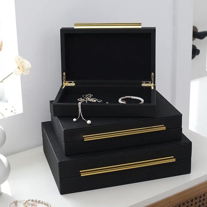 Faux Shagreen Decorative Stackable Jewelry Storage Boxes Set of 3,Black | Jewelry Organizers with Gold Metal Handles & Velvet Lining, Modern Black Box for Vanity, Entryway & Coffee Table Décor
