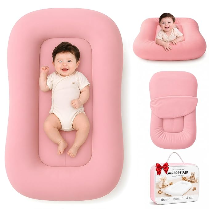 Baby Lounger for Newborns 0-24 Months, Soft Breathable Cotton Infant Support Cushion for Tummy Time & Play, Portable Infant Lounger, Baby Essentials - Dusty Rose (Cover Included)