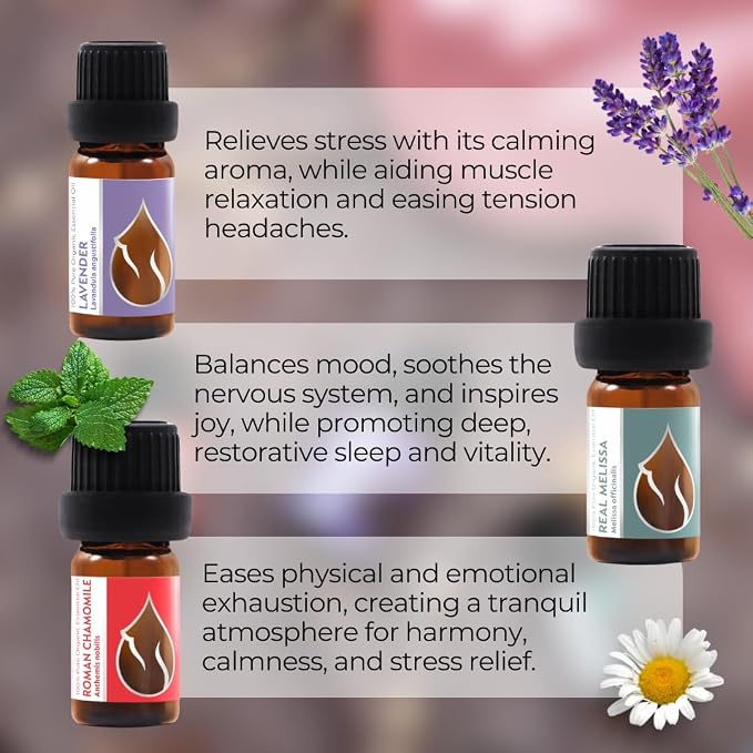 Set Sweet Dreams Organic Essential Oils | Lavender (10 ml) + Roman Chamomile (5 ml) + Real Melissa (5 ml) | 100% Pure and Natural | Undiluted | Therapeutic Grade | Non-GMO | 3 pcs