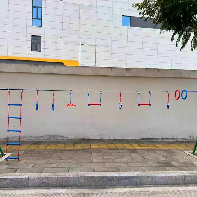 Ninja Warrior Obstacle Course for Kids Backyard-1×50ft Slackline Kit with 10 Most Complete Accessories for Boys & Girls, Rope Ladder, Gymnastic Ring, Arm Trainer and Monkey Fist