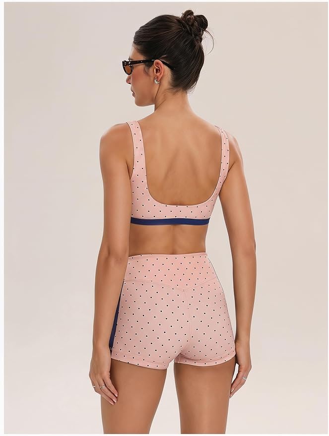 Milumia Women's Polka Dots Workout Set 2 Piece Color Block Bra Tank High Waisted Biker Shorts Layered Matching Yoga Outfit