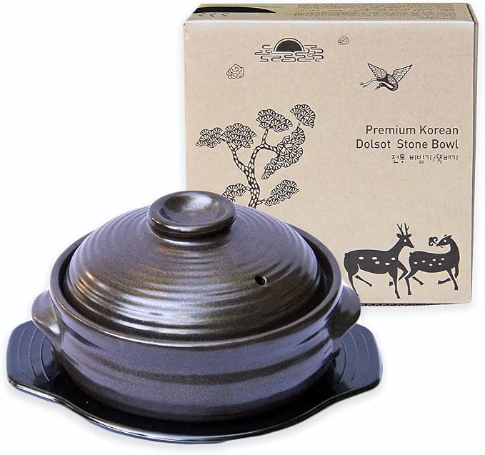 Crazy Korean Cooking Korean Stone Bowl (Dolsot), Sizzling Hot Pot for Bibimbap and Soup - Premium Ceramic (Medium with Lid)