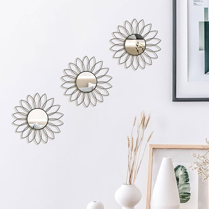 3 Pack Metal Mirrors for Wall Sunburst Wall Mirrors Home Décor Decorative Hanging Wall Art for Living Room Bedroom Entryway (Black2, Flowers)