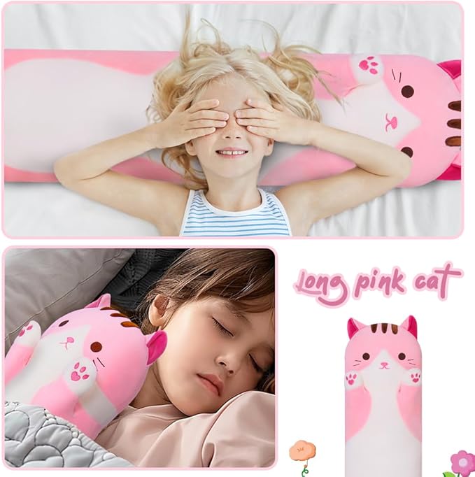 Long Cat Body Pillow for Kids, Cute Cat Stuffed Animals Gifts for Girls, Long Cat Plush Toy for Birthday, Soft Cat Plushies Pillow Without Wings (Pink, 19.6in/50cm)