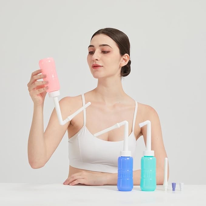 2pcs-Pack Peri Bottle 2IN1 Vaginal Douche- Postpartum and Perineal Care -Portable Hand Held 300ml Travel Bidet Sprayer for Women or Men -Handheld Jet Spray Bottle for Toilet-Portable Bidet-Blue+Pink