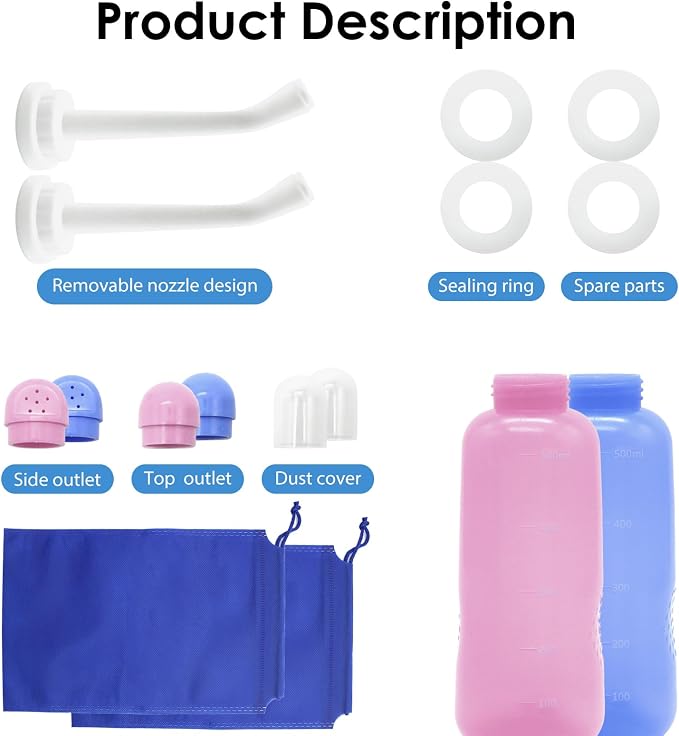 Peri Bottle Postpartum, RUFCRIL 2-Pack 500ml Portable Bidet, Upside Down Perineal Wash Bottle, Boilable TPE, Travel Bag, for Perineal Care, Hemorrhoid Care, Feminine Cleansing & Baby (Pink/Blue)
