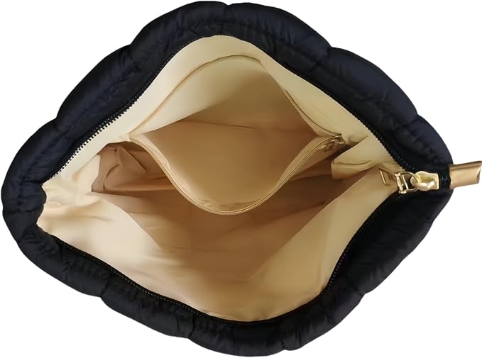 Black Puffer Quilted Makeup Bag for Women with Furry Keychains - 10" Roomy Puffy Cosmetic Pouch, Travel Toiletry Organizer Bag (BK-Fu-BK)