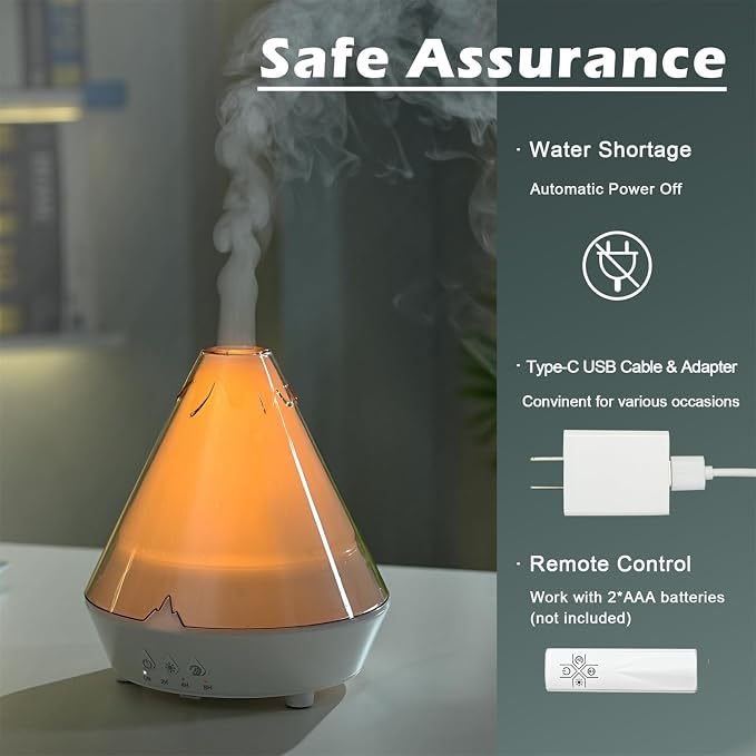 Volcano Aromatherapy Diffuser 180ML Essential Oil Diffuser Small Humidifier with 7 Colors Night Lights,Remote Control for Bedroom,Office(White)