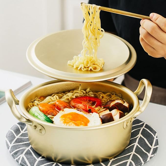 1set Korean Style Double Handled Non-stick Cooking Pot for Instant Noodles Chopsticks Aluminum Ramen Pot for Home Use Easy to Clean and Store