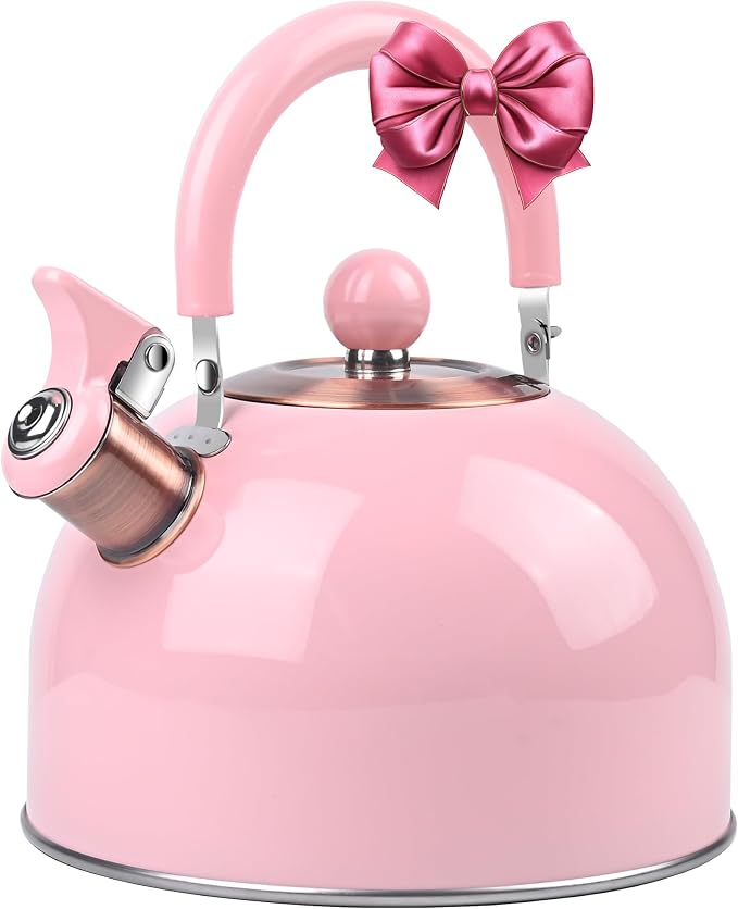 2.6 Quart Pink Whistling Tea Kettle for Stovetop, Stainless Steel Teapot with Cool-Touch Handle, Loud Whistle, Wide Base, Induction Compatible for Gas Electric Glass Cooktops