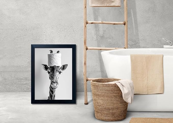 Framed Funny Bathroom Wall Art, Giraffe with a Toilet Paper Roll on Head Decor, Black and White Bathroom Pictures Wall Decor, Humor Animal Canvas Print Artwork