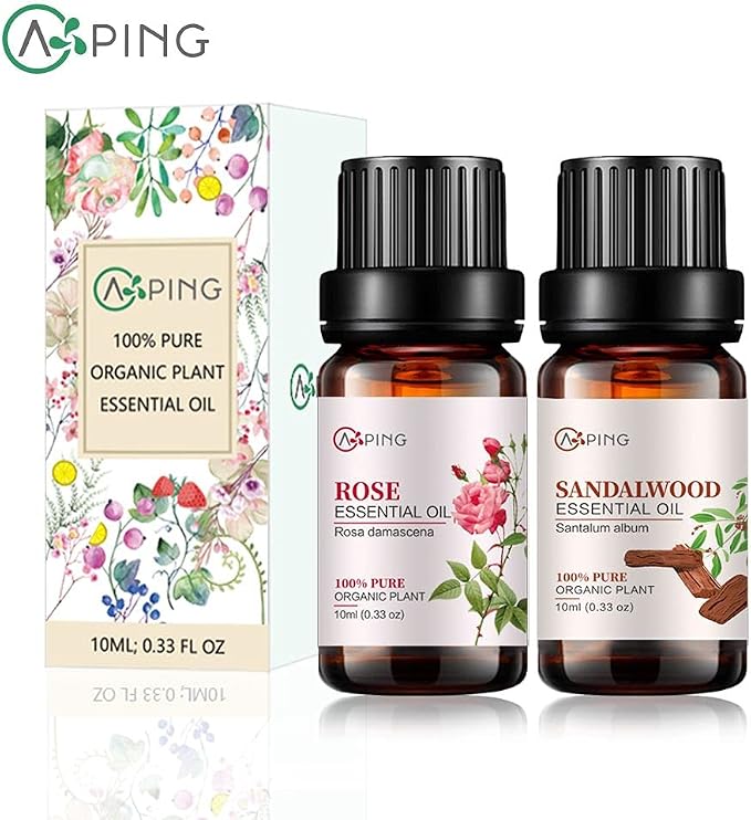 Rose & Sandalwood Essential Oils - 100% Pure Organic Natural Plant Oils for Diffuser, Aroma, Spa, Massage, Yoga, Perfume, 2x10ML
