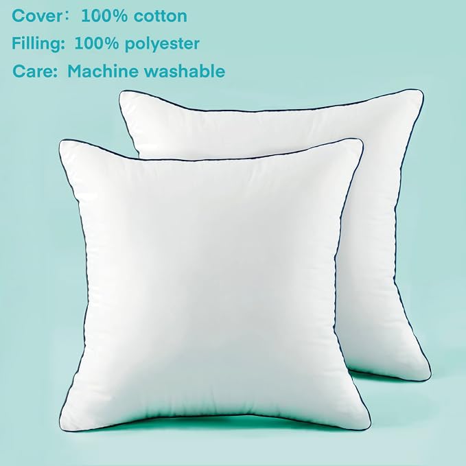 22x22 Inch Pillow Inserts Set of 2-100% Cotton Cover, Square Decorative Throw Pillows for Couch, Sofa, Chair, or Bed (2 Pack, 22x22 Inch) | 100% Premium Polyester Fill, Fluffy & Soft with Comfy Support - White Decorative Cushion Inserts for Couch, Sofa...
