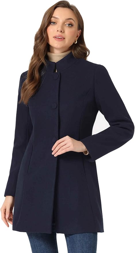 Allegra K Women's Winter Overcoat Mid-Long Stand Collar Single Breasted Coat Outerwear