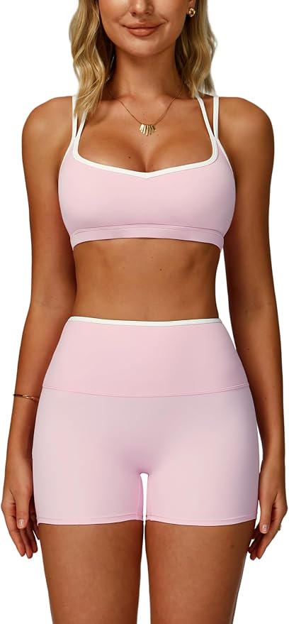 ABOCIW Workout Sets for Women 2 Piece Color Block Strappy Sports Bra High Waist Shorts Gym Yoga Pilates Outfits