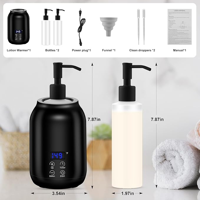 Massage Oil Heater Warmer,with ℃/℉ Switchable Display, Two Oil Dispenser Bottle，Constant Temperature,Body Salon and Barber Shops,Black