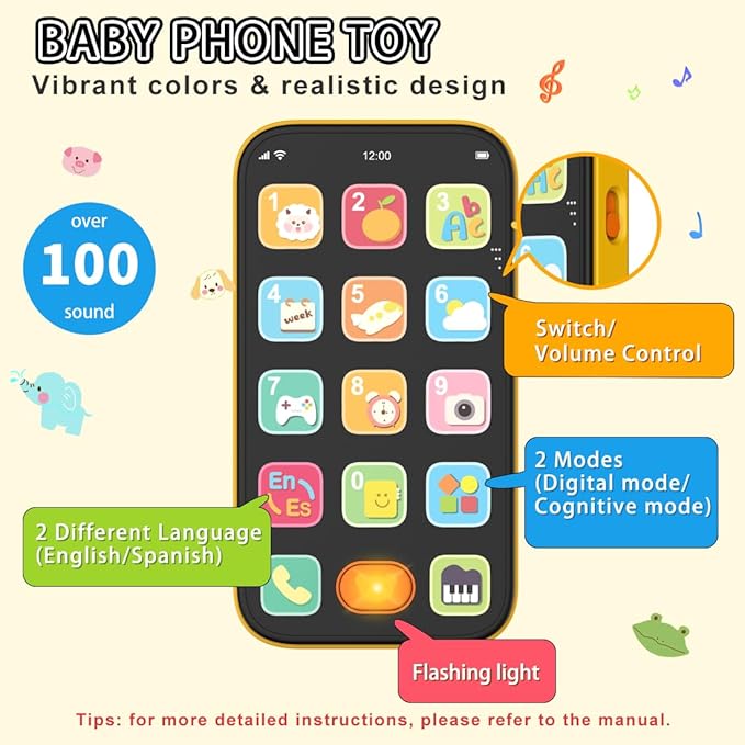 Toy Phone Baby Remote Control Toy Set, Play Phones TV Remote Control with Music Light for 6+ Months, Early Learning Baby Toys Gift for 1 Year Old Boys Girls Toddler Infant Kid, English/Spanish, Orange