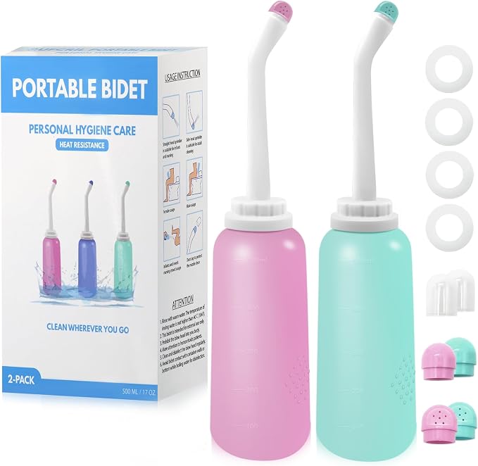 Peri Bottle Postpartum, RUFCRIL 2-Pack 500ml Portable Bidet, Upside Down Perineal Wash Bottle, Boilable TPE, Travel Bag, for Perineal Care, Hemorrhoid Care, Feminine Cleansing & Baby (Pink/Green)