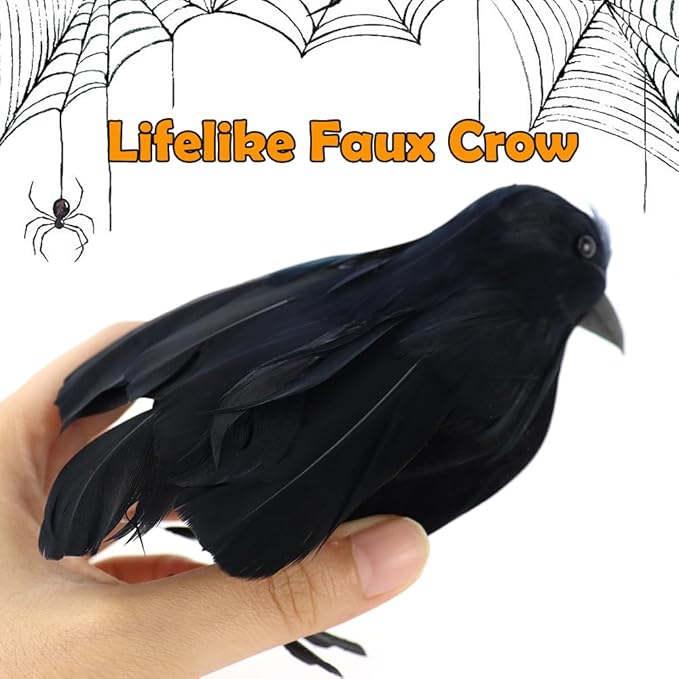 AEVBSOY 3 Pack Black-Feathered Crows Halloween Decorations - Realistic Artificial Handmade Black Feathered Crows for Halloween Party & Outdoor/Indoor Decorations