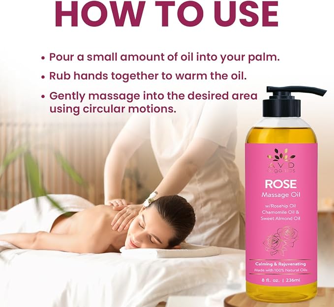 AVD Organics Rose Massage Oil 236 ML|Infused with Olive Sweet Almond and Jojoba Oil | Hydrating & Soothing | Made with Natural Ingredients | for Skin and Body|Ideal for Both Men and Women|8 fl oz