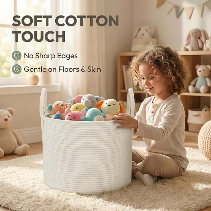 JMvicyroam 115L Extra Large Machine Washable Cotton Rope Blanket Basket | Collapsible laundry hamper, Reinforced handles, For blankets, pillows, toys and clothes, Living room and bedroom, White