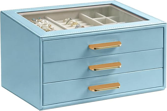 Homeanda Jewelry Boxes Organizer with Glass Lid, 3-Layer PU Leather, Blue | Modern style display case with 3 drawers for daily jewelry, women, mom or girl gift