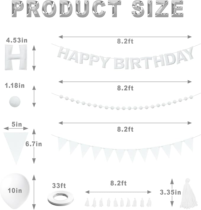 Elegant White Themed Birthday Decoration Set, White Pre-Strung 3D Felt Happy Birthday Banners, Pom-Pom Garland, Party Pennant Felt Banner Flags, Tassel Garland, Balloons, Reusable Party Decor,Photo Prop