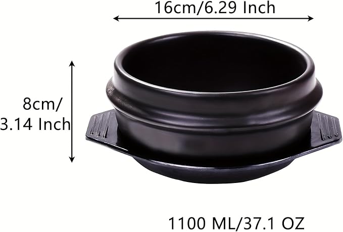 Korean Stone Bowl with Tray - Premium Ceramic Stone Hot Pot for Bibimbap Soup, Stews, and Rice - 37.1 oz Capacity - Dishwasher, Microwave, Oven, and Stovetop Safe