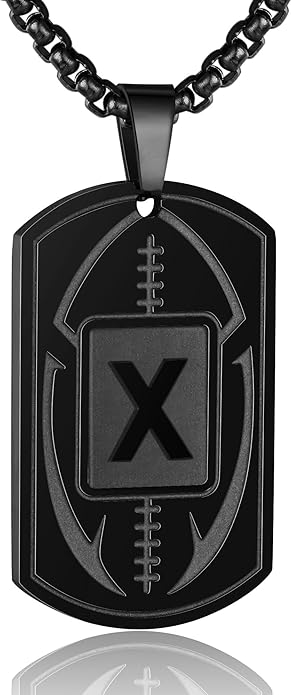 Initial A-Z Dog Tag Necklace for Men - Football Charm Pendant, Stainless Steel Chain 22+2 Inches, Personalized Sports Athletes Jewelry Gift