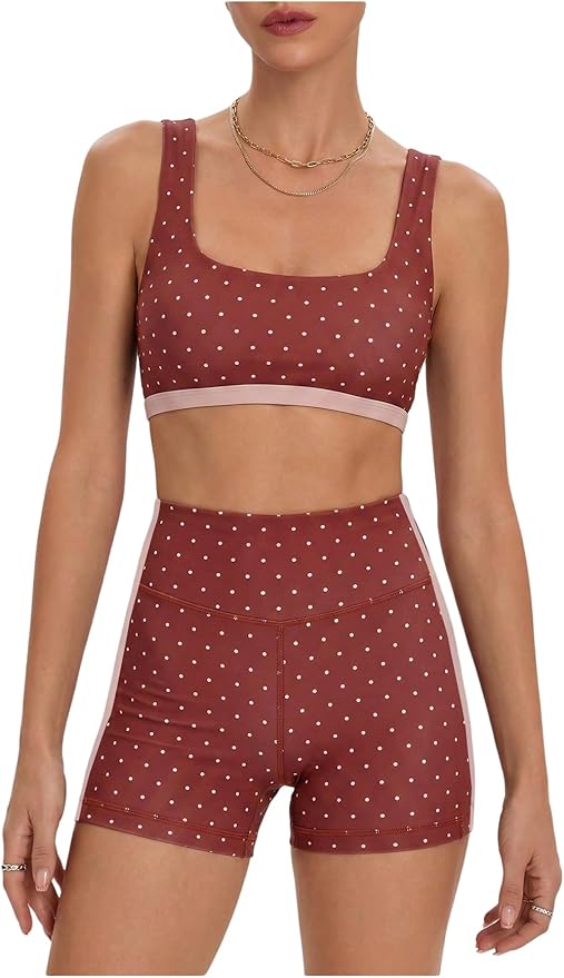 Milumia Women's Polka Dots Workout Set 2 Piece Color Block Bra Tank High Waisted Biker Shorts Layered Matching Yoga Outfit