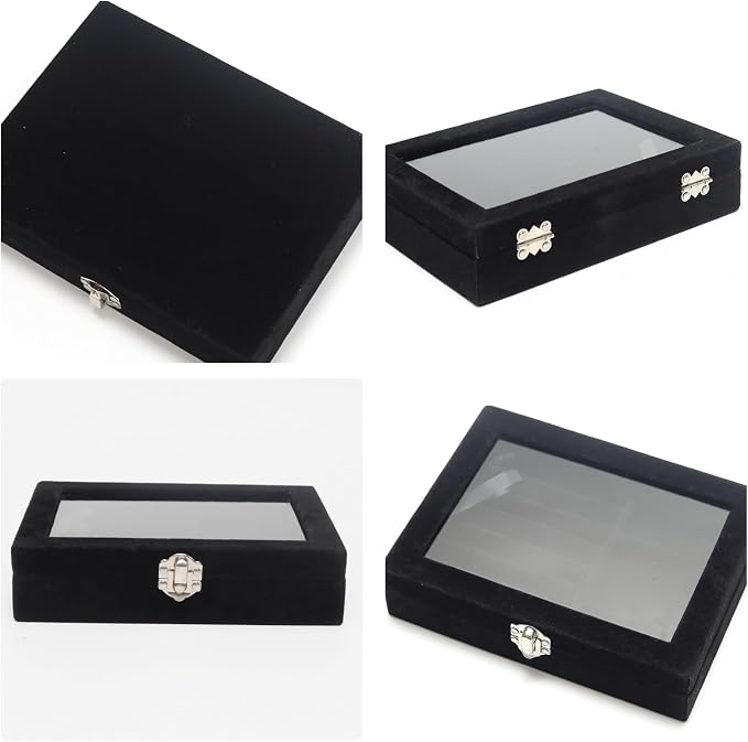 Small Velvet Jewelry Tray with Clear Lid, 2-in-1 Black | Lockable Ring Earring Holder Organizer Storage Box Case Jewelry Box Organizer for Rings Earrings Bracelets Brooches