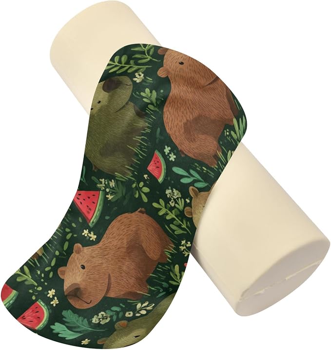 Green Grass Capybara Watermelon Neck Roll Pillow Bolster Round Health Memory Foam Long Cervical Cylinder Pillows with Removable Washable Cover for Body Bed Legs Back Yoga