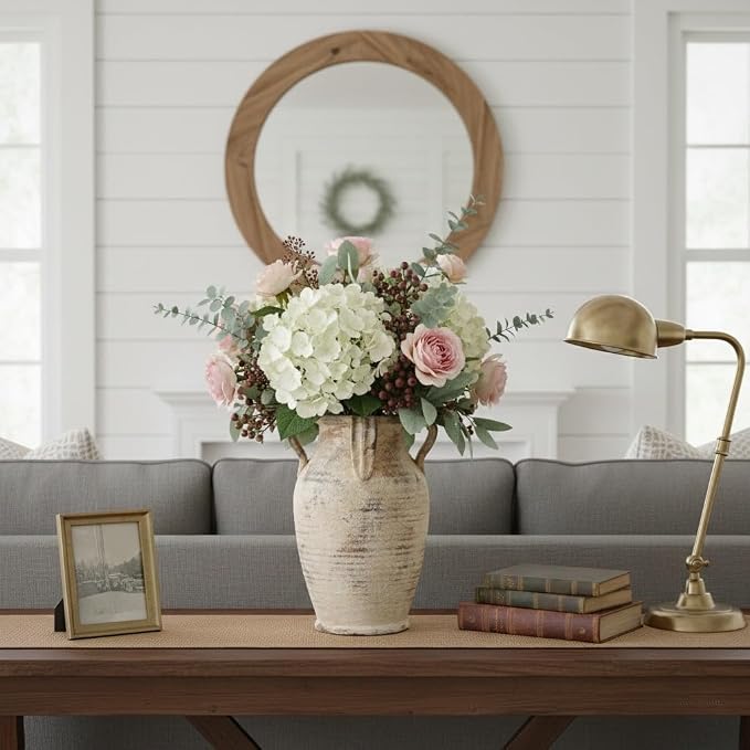 Emotionally Grounded Vase, Vaseking Large Ceramic Rustic Vase with 4 Handles, 10.83 inch Minimalist Decorative Farmhouse Tall Vases for Home Decor, Living Room, Enterway, Wedding, Fired Terra Clay