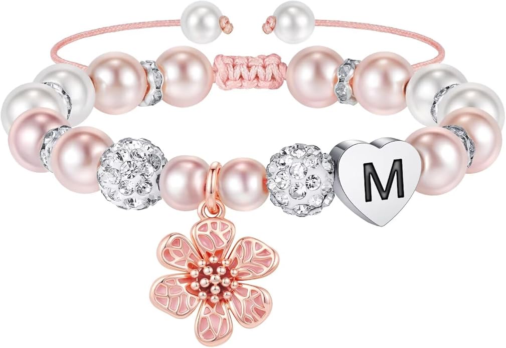 MONOOC Valentines Gifts for Kids Girls - Initial Flower Charm Bracelets for Girls, Adjustable Pearl and Rhinestone Beaded Bracelet Heart Initial Bracelets Jewelry for Flower Girl Gift Birthday Gifts
