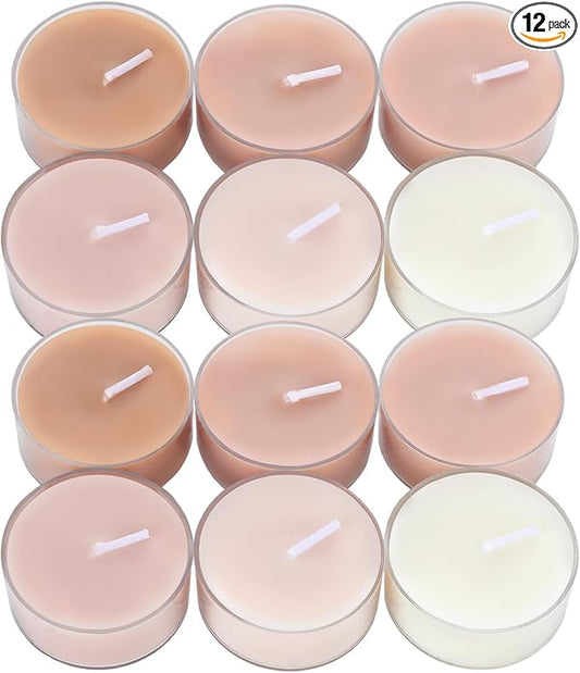 Honoson 12 Pack Brown Tea Lights Candles Brown Round Tea Light Natural Wax Scented 6 Scents Conversation Candle for Spring Easter Wedding Engagement Gifting Aromatherapy Anniversary Summer Home Decor