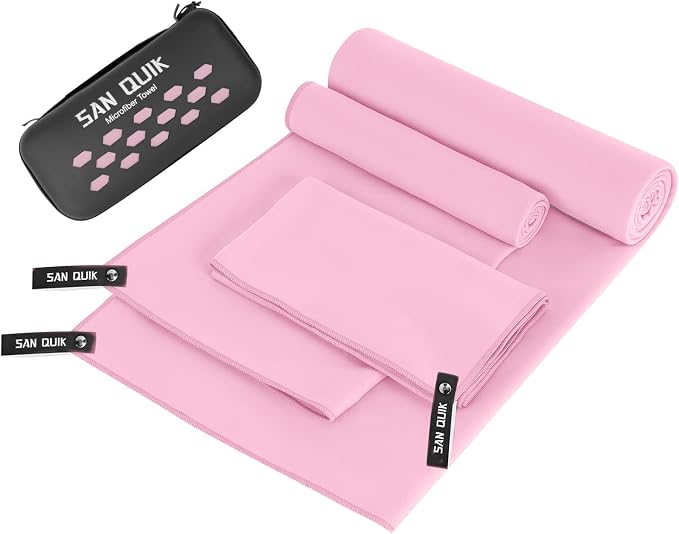 Quick Dry Camping Towel with EVA Case, Microfiber Travel Towel 3 Size at 1 Pack, Super Absorbent Lightweight Fast Drying Towel Set for Beach, Gym, Sports, Backpacking, Yoga & Swimming Pool, Pink