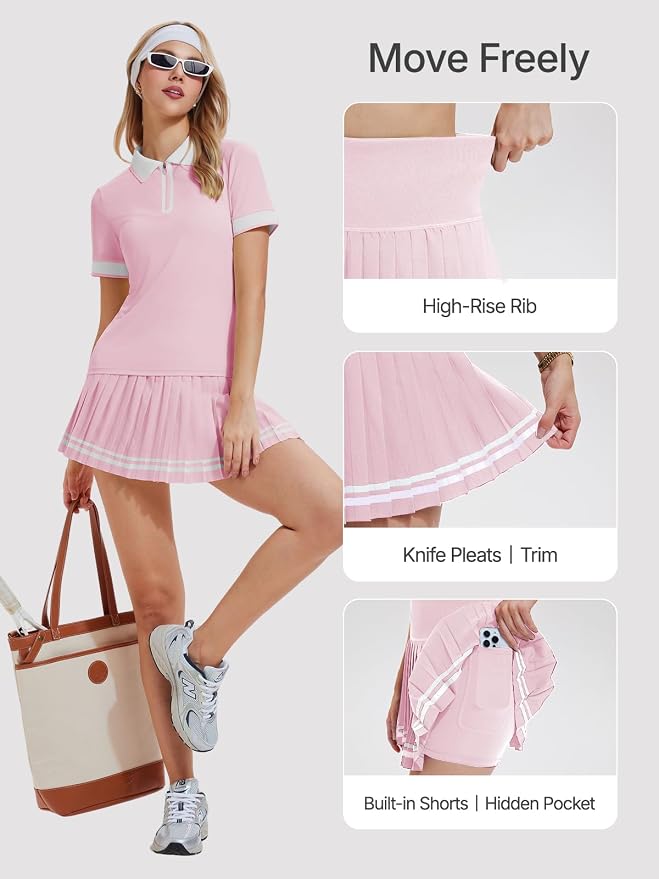 Women's 2-Piece Tennis Skirt Set, Polo V-Neck Top & High-Waisted Pleated Skirt, Athletic Outfit for Golf Pickleball